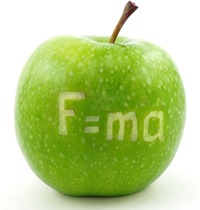 Newton's Second Law of Motion: Force = Mass x Acceleration carved on a green apple; Shutterstock.com