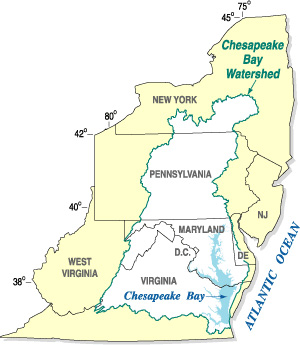 Map showing outline of the Chesapeake Bay watershed