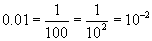 zero point zero one equals one divided by one hundred equals one divided by ten squared equals ten to the power of negative two 