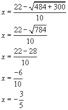 x equals twenty two minus the square root of four hundred eighty four plus three hundred all divided by ten, x equals twenty two minus the square root of seven hundred eighty four all divided by ten, x equals  twenty two minus twenty eight all divided by ten, x equals negative six  divided by ten, x equals negative three fifths