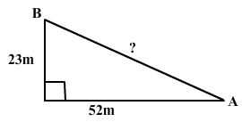 A right triangle with legs 52 meters and 23 meters and an unknown hypotenuse.