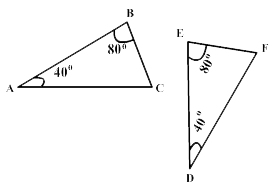 Two triangles. Triangle ABC, angle A is forty degrees and angle B is 80 degrees and triangle DEF, angle D is forty degrees and angle E is 80 degrees. 