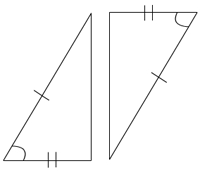 Two right triangles with one tick mark on the hypotenuse  and two tick marks on the shortest sides and the same angle indicator on the included angle.