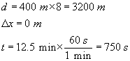 d equals four hundred meters times eight equals 3200 meters; delta x equals zero meters; t equals twelve point five min times 60 seconds over 1 min equals 750 seconds