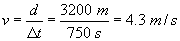 v equals d over delta t equals 3200 meters over 750 seconds equals 4.3 meters per second