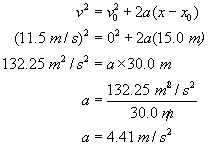 v squared equals v nought squared plus two a times the quantity x minus x nought; the square of eleven point five meters per second equals zero squared plus two times a times fifteen meters; 132.25 meters squared per seconds squared equals a times thirty point zero meters; a equals 132.25 meters squared per seconds squared over thirty point zero meters; a equals four point four one meters per second squared