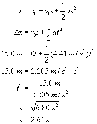 x equals x nought plus v nought times t plus one half times a times t squared; delta x equals v nought times t plus one half times a times t squared; fifteen point zero meters equals zero times t plus one half 4.41 meters per second squared times time squared; fifteen point zero meters equals two point two zero five meters per second squared times t squared; t squared equals fifteen point zero meters over two point two zero five meters per second squared; t equals the square root of six point eight zero seconds squared; t equals two point six one seconds