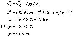 V sub y squared equals v not y squared plus 2 times g times delta y; Zero squared equals the square of thirty six point nine three meters per second plus two times negative nine point eight times the quantity y minus zero; Zero equals one thousand three hundred sixty three point eight two five minus nineteen point six times y; Nineteen point six times y equals one thousand three hundred sixty three point eight two five; Y equals sixty nine point six meters