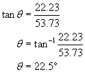 Tangent theta equals twenty two point two three divided by fifty three point seven three;   Theta equals inverse tangent of the fraction twenty two point two three over fifty three point seven three;       Theta equals twenty two point five degrees