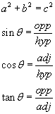 a squared plus b squared equals c squared; sine theta equals opposite over hypotenuse; cosine theta equals adjacent over hypotenuse; tangent theta equals opposite over adjacent