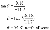 tangent theta equals eight point one six over negative eleven point seven; theta equals inverse tangent of the fraction eight point one six over eleven point seven; theta equals thirty four point eight degrees north of west