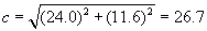 c equals the square root of the quantity twenty four point zero squared plus eleven point six squared end quantity, equals twenty six point seven.