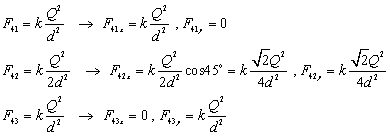 F sub 4-1 equals k times Q squared over d squared leads to  F sub 4-1-x equals k times Q squared over d squared, F sub 4-1-y equals zero. F sub 4-2 equals K times Q squared divided by 2-d squared  which leads to F sub 4-2-x equals k times Q squared divided by 2-d squared cosine 45 degrees equals k times square root of 2 times Q squared over 4-d squared,   F sub 4-2-y equals k times square root of 2 times Q squared over 4-d squared. F sub 4-3 equals k times Q squared over d squared which leads to F sub 4-3-x equals zero, F sub 4-3-y equals k times Q squared over d squared.