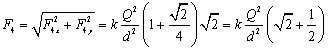 F sub 4 equals square root of the quantity F sub 4-x squared plus F sub 4-y squared end quantity equals k times Q squared over d squared times the quantity 1 plus square root of 2 over 4 end quantity times the square root of 2 equals k times Q squared over d squared times the quantity square root of 2 plus on half