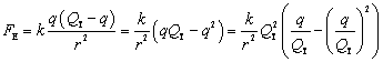 F sub E equals k times q times quantity Q sub T minus q end quantity over r squared equals k times the quantity q times Q sub T minus q squared end quantity over r squared equals k over r squared times Q sub T squared times the quantity q over Q sub t minus the quantity q over Q sub T end quantity squared end quantity.