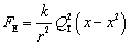 F sub E equals k times Q sub T squared times quantity x minus x squared end quantity divided by r squared.