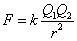 F equals k times Q-1 times Q-2 divided by r squared.