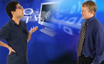 one person talking to another through a computer screen