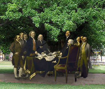 large oak tree with picture of founding fathers signing the Declaration of Independence at the bottom