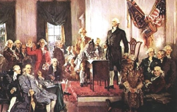 framers of the Constitution including George Washington and Benjamin Franklin at the meeting hall