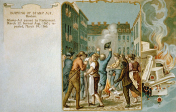 postcard depicting colonists protesting the Stamp Act by burning the stamps