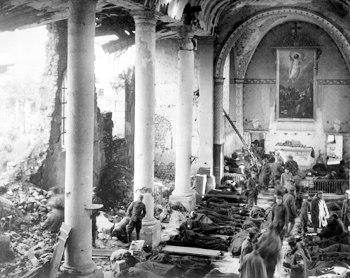 Wounded US soldiers being treated in a bombed out church in France