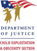 outline of a boy and girl holding hands with an American flag in the background and lettering reading Department of Justice: Child Exploitation and Obscenity Section