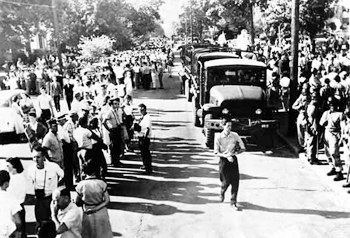 Arkansas National Guard troops and large crowd outside of Little Rock's Central High School, September 5, 1957