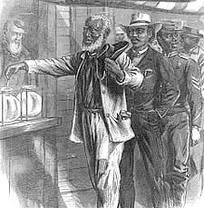 Woodcut engraving of black men lining up to vote