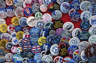 Collection of buttons supporting different political causes