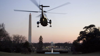Marine One (the president’s helicopter) with Washington Monument and Jefferson Memorial in the background