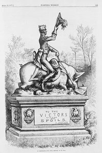 Cartoon showing Andrew Jackson riding a pig representing the corruption of spoils system
