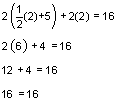 2 times the quantity one-half times 2 plus 5, plus 2 times 2 equals 16. 2 times 6 plus 4 equals 16. 12 plus 4 equals 16. 16 equals 16