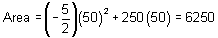 area equals negative five-halves times fifty squared plus 250 times fifty equals 6250