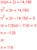 n times the quantity n plus two equals fourteen thousand, one hundred sixty; n squared plus two n equals fourteen thousand, one hundred sixty; n squared plus two n minus fourteen thousand, one hundred sixty equals zero; quantity n plus one hundred twenty times the quantity n minus one hundred eighteen equals zero; n equals negative one hundred twenty or n equals one hundred eighteen