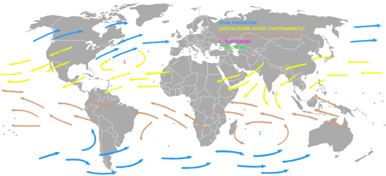 Map showing prevailing wind patterns
