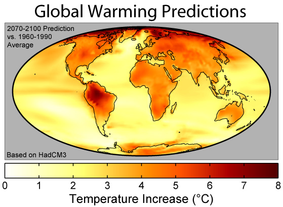 World map showing predicted global warming trends. 