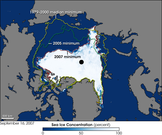 Map showing shrinkage of arctic ice