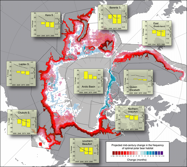 Map showing shrinkage of polar bear habitat