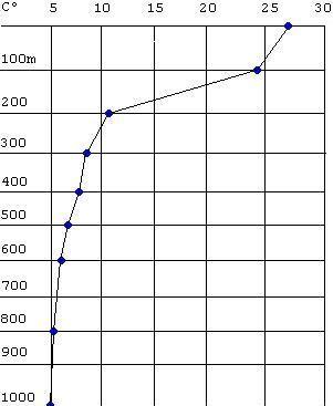 Graph showing temperature differences with depth in seawater