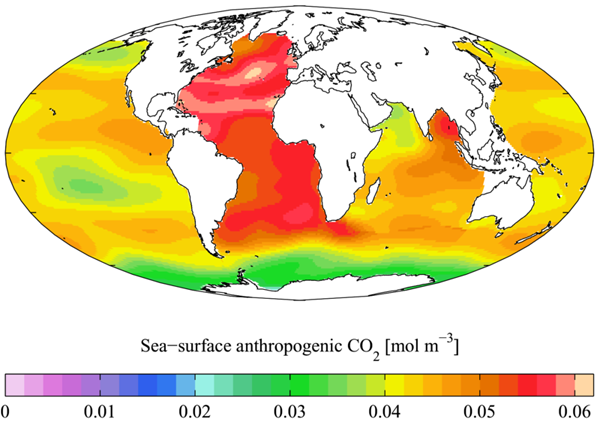 Map showing areas of high anthropogenic carbon dioxide in seawater.