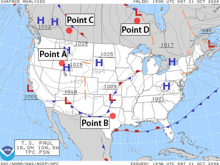 Image of a weather map with several points. Point A is located next to a capital letter H. Point B is located next to a capital letter L. There is a blue line below point B.  Small triangles that point down are along this line at regular intervals. Point C is located over a line that has alternating blue triangles and red half circles. The half circles point one direction and the blue triangles point another direction. Point D is located below a capital letter L.