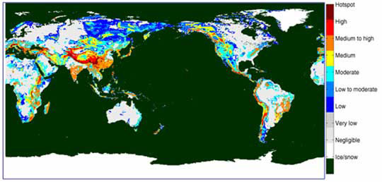 This global landslide susceptibility map uses red and orange to indicate hot spots in potential landslide regions. Hotspots often occur in mountainous areas, such as the Himalayas and Andes, and in areas susceptible to heavy monsoon rains, such as southern Asia and parts of South America.