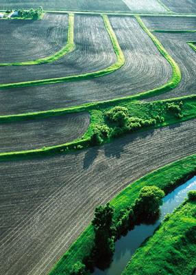 a plowed field with rows going across the slope