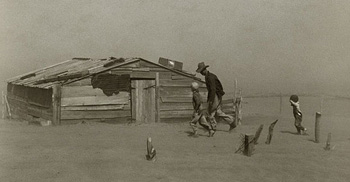 A man and his two sons during a dust storm.