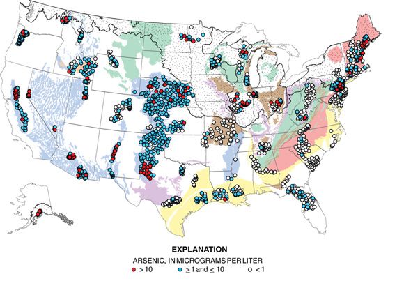 Map showing U.S. locations of arsenic contaminated well water