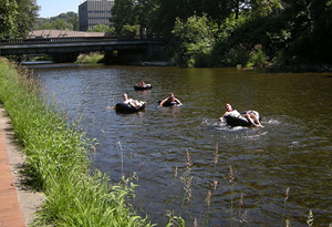 people floating in tubes down a river