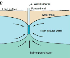 Diagram showing salt water rising to fill a well that has been over-pumped