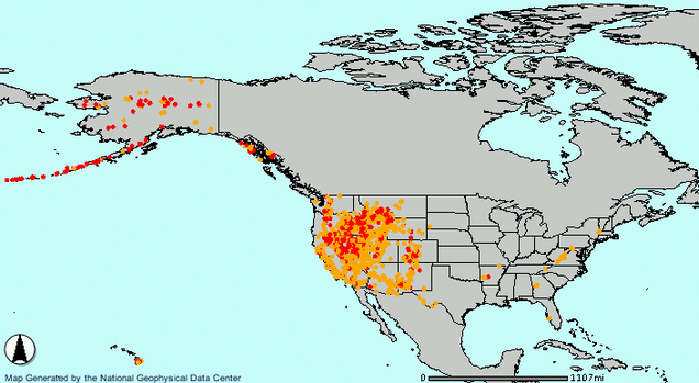 Map showing where geothermal power is used in the US.