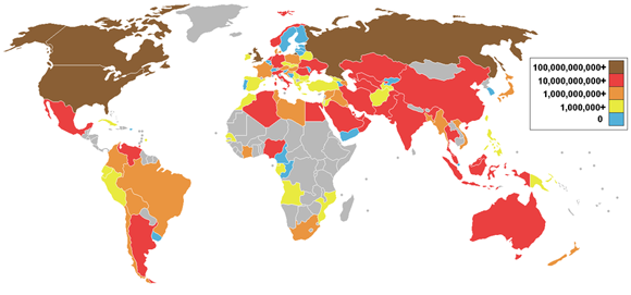 World map showing countries that produce natural gas